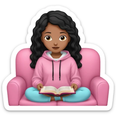 Una chica linda de cabello negro con ondas hasta los hombros de piel blanca con una sudadera rosa en un sofá cómodo y hermoso leyendo la biblia sticker