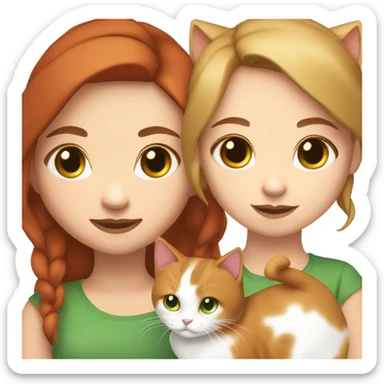 girl with green eyes and light brown hair with red tint holding a calico cat with white face sticker