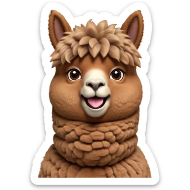 Cinematic Comical Brown Alpaca Portrait Emoji, Head tilted dramatically with an exaggeratedly amused expression, featuring a striking, plush brown fleece with playful texture, wide, expressive warm eyes filled with playful disbelief, Simplified yet hilariously expressive features, highly detailed, glowing with a slightly sassy glow, high shine, dramatic yet playful, stylized with an air of cheeky mischief, bright and endearing, soft glowing outline, capturing the essence of a spirited and over-the-top alpaca, so meme-worthy it feels like it could side-eye its way into internet fame instantly! sticker