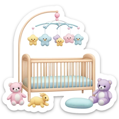 pastel baby nursery items including crib, mobile, and plush toys sticker