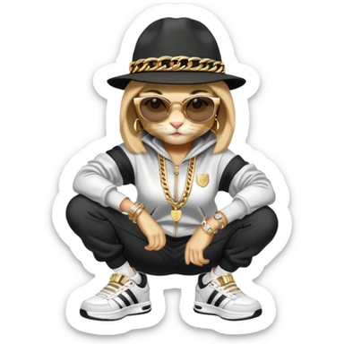 female cat wearing Run DMC hip-hop outfit with tracksuit, fedora, Adidas sneakers, dark sunglasses, many gold chains, rings, bracelets, flashy earrings, fallen down sticker