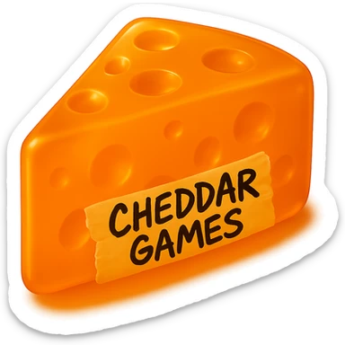 Make the cheese wedge warmer in color, slightly darker, and more transparent. Make the 'Cheddar Games' writing on the tape a little fatter, messier, and less perfect. Keep the cheese hyper-realistic, glowing, retro semi-transparent plastic style. Reduce the shadow and remove the background. Do not change the style of the cheese or make it a sticker. sticker
