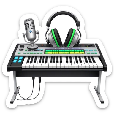 Create a professional and artistic emoji that represents writing music tracks. The design should feature a digital audio workstation (DAW) screen with visible waveforms, a MIDI keyboard, and a high-quality microphone to symbolize the tools used in music production. Add elements like studio headphones and an audio interface to reflect the technical aspects of creating a track. Use sleek, modern colors like silver, black, and neon accents to convey the professional environment of music composition. The background should be transparent. sticker