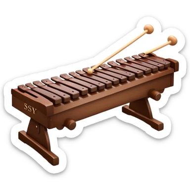 Create a detailed and professional emoji representing a Fleet FLT-SX37 orchestral long wooden xylophone. The design should showcase the large, wooden bars of the xylophone arranged in a traditional layout, with a polished, smooth finish. The bars should be dark brown or mahogany, with soft metallic reflections on the resonators underneath. Include two mallets with rubber or wooden heads resting on the bars, emphasizing their role in striking the notes. The xylophone should have a sophisticated and professional appearance, with clean lines and a polished look. Add subtle musical notes or sound waves to represent the vibrant sound produced by the instrument. The background should be transparent. sticker