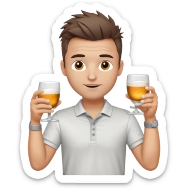 Handsome male.short messy brown hair.mowhawk hairstyle. wearing white golf shirt.grey shorts. Cheersing with a small glass. Wedding ring sticker