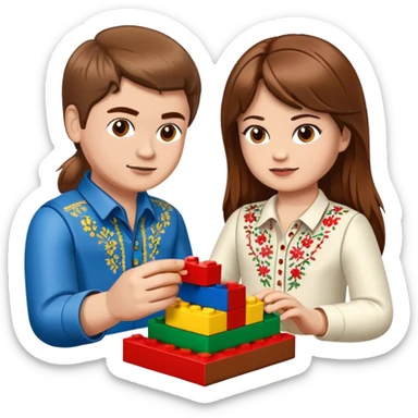 a Ukrainian girl with brown hair in an embroidered shirt and a Ukrainian boy in an embroidered shirt and Lego bricks sticker