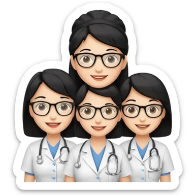 Genera emogis de 4 cuatro enfermeras de cabello negro largo, una de ellas con lentes sticker