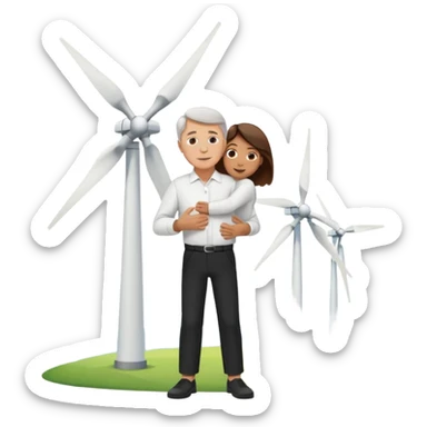 an older white man with brown hair and a white shirt and black pants hugging a wind turbine sticker