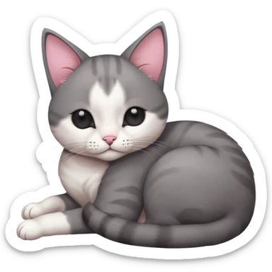 dark grey and white small cat with eyes closed, leaning his head on his paw while leaning on his elbow lying down sticker