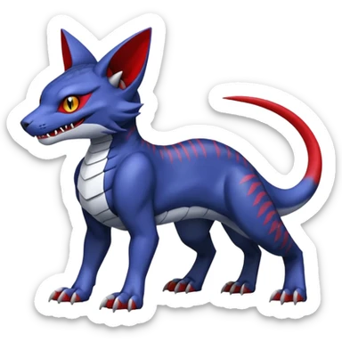 midnight blue-gray-black, with red markings, white belly, scaley Bastet-Noibat-Gatomon-Garchomp-Digimon-Fakémon-Pokémon-creature (full body) sticker