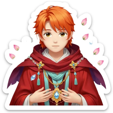 Beautiful gorgeous anime boy with beautiful fiery-special-medium-long-hair, fashion aesthetic, ethereal, fairycore, pastelcore, flower petals, crystals, layered robes, toga, cloak scarf, accessories, jewelries, gold, colorful sticker