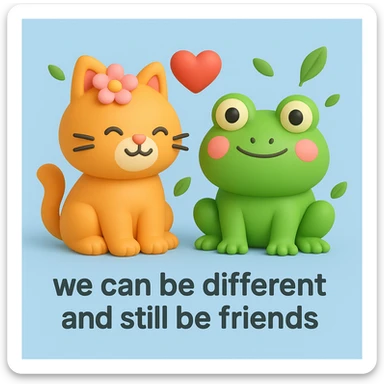 A 3D iOS style illustration of a cat and a frog together, with a flower on the cat's head and a heart floating between them, conveying a message of friendship. The scene should have a light blue background with some green leaves scattered around. Include the text "we can be different and still be friends" at the bottom. sticker