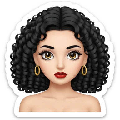 generate the emoji of a girl with fair skin, black hair, bombshell curls, black eyes, long false eyelashes, black eyebrows, latina makeup sticker