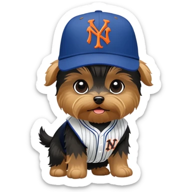 Yorkie with a NYY hat fighting an ugly slosh with a New York Mets hat sticker