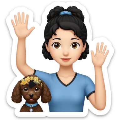 Ponytail black hair girl with brown Poodle say goodbye  sticker