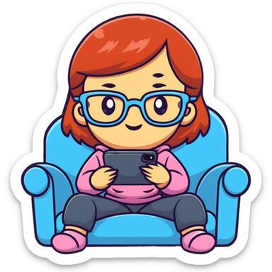 A cute young girl with glasses sitting on a couch, happily playing a mobile phone game with a cheerful expression sticker