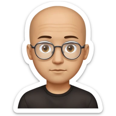 Latino man with small oval face and big forehead, aviator-style glasses, completely bald/shaved sides with very short curly dark hair only on top of head, neutral-friendly expression, light brown skin, wearing a black t-shirt sticker