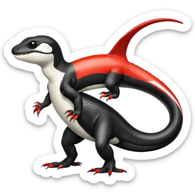 Black and white Orca-reptile-reptilian-lizard-skink-gecko-Digimon-Fakémon-hybrid full body, two legs, two arms, claws, tail, with red stripe sticker