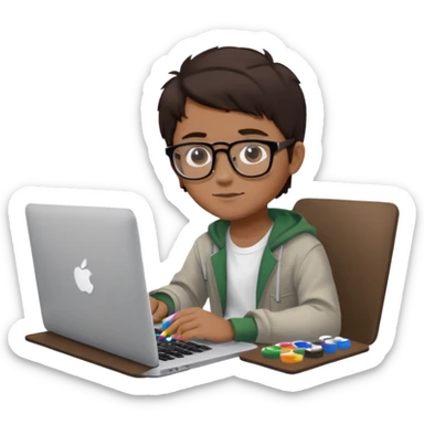 boy working in Macbook, he is graphic designer and paint artist, he seats facing me, and hair dark brown color sticker