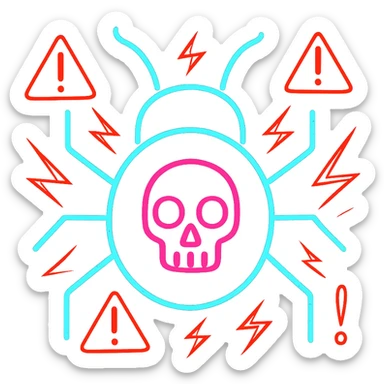 Make the computer virus icon look more dangerous by intensifying the glitch effect, adding red warning elements and jagged lines. Keep the neon tech style with no background. sticker