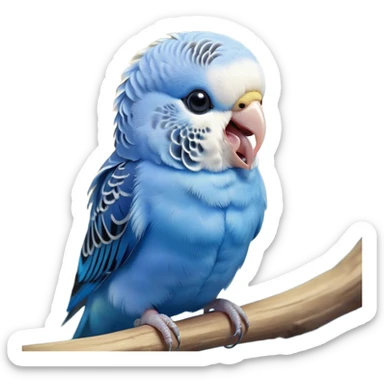 Cinematic Cute Yawning Blue Budgie Portrait Emoji, Head tilted slightly with a dramatic, wide-open yawn, showcasing a soft, downy blue feathered fur with gently drooping wings, round dark eyes barely open in drowsy contentment, Simplified yet irresistibly adorable features, highly detailed, glowing with a soft, cozy glow, high shine, relaxed yet expressive, stylized with a touch of whimsy, bright and endearing, soft glowing outline, capturing the essence of a sleepy yet affectionate budgie, so drowsy it feels like it could stretch out of the screen and curl up for a nap! sticker