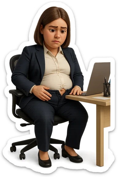 emoji stile iphone di una donna seduta alla scrivania dell'ufficio in completo elegante con i pantaloni sbottonati perché ha la pancia gonfia, falla a corpo intero, iperrealistico 4k sticker