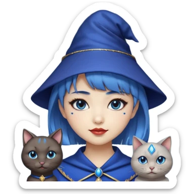 an asian short haired girl with electric blue highlighted short hair with bangs, with her silver left eye and dark brown right eye, with black cat eyed style eyeliner, and smirk of natural toned lipstick, with wizard hat with moon emblem on his hat. sticker