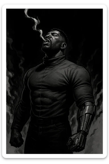 Black and white comic book panel of an extremely muscular African American man with cybernetic implants standing in the dark, surrounded by smoke. He is wearing a long-sleeved shirt with a high collar, and his chest is sculpted. sticker