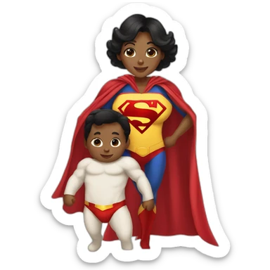 mother dressed as Superman with a cape holding a baby sticker