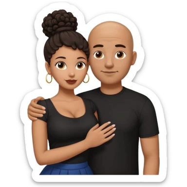 A picture of a tanned couple with the man's arm around her. the man is a Mexican man with tanned skin, a bald hair cut, short beard and wearing a black shirt. the woman is mixed, with curly dark brown hair in a big bun and with big boobs  sticker