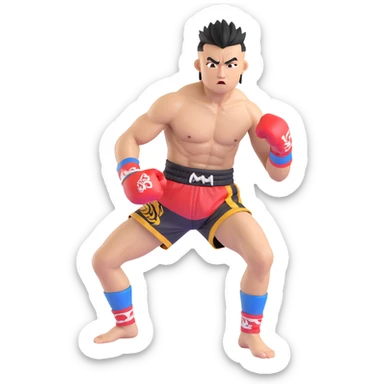 Rodtang Jitmuangnon with mohawk, intense expression, muscular build, in fighting stance, wearing mongkhon headband and Muay Thai shorts sticker
