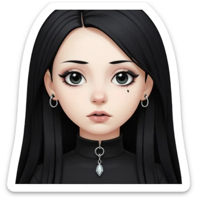 goth girl, straight long black hair, vertical labret lip piercing, black mock neck shirt sticker