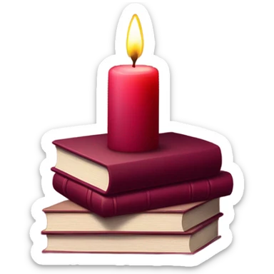 A maroon book stack adorned with ruby-red chrysanthemums and a candle sticker