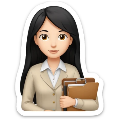 a light tan woman with long black hair past mid-back, round brown eyes, with folders in her hands. she has a id lanyard on and white professional blouse. sticker
