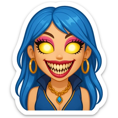 Add glowing eyes to the character, keep the creepy gyaru style with blue hair and pretty makeup, bratz baddie vibe, in emoji style with no background. sticker