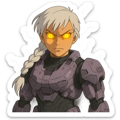 female, wearing reach spartan armor shoulder-unequip, long white braid hair with massive messy front side single bangs, gold yellow eyes, attention pose, D-cup size, HALO:series, no helmet, the armor is lavender color scheme, eyes glowing, demon eye, gleam, rage aura, body steaming dark gray, blue electricity, mouth clowed scowling sticker