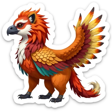 4-legged colorful realistic scaly winged long-big-beaked Gryphon-Griffin-Griffsnuff-Talonflame-Silvally-Braviary-Red-Panda-fusion-hybrid-animal-Fakémon-creature, full body, with a long thin tufted lion-tail sticker