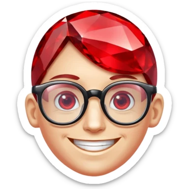 A single red crystal gemstone character wearing glasses,  irregular with faceted very sharp sides, smile, , high detail, sticker