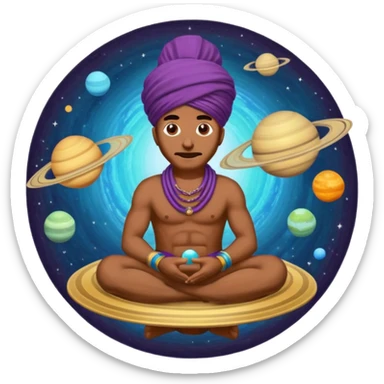 A bold emoji-style illustration with Saturn 🪐 as the dominant element, clearly showing its bright rings. Inside the planet, a stylized man wearing a colorful turban 👳🏾‍♂️, depicted as a mystical or adventurous character, sitting or floating within Saturn, integrated with the planet’s texture. . sticker