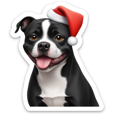 Black staffie smiling with santa’s hat sticker