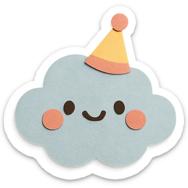 adorable pastel cute cloud, tiny party hat, smiling, no arms or legs, full body, kawaii paper craft style sticker