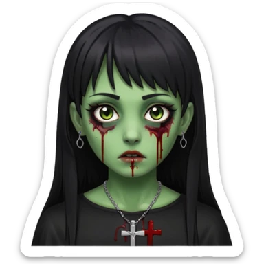 Zumbi verde com olhos castanhos aspecto de que tá sangrando, uma franja reta com cabelo preto um piercing do lado esquerdo do nariz, roupa preta e crucifixo como colar, e também delineador sticker