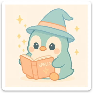chubby penguin with a wizard hat, reading a spellbook, magical sparkles around sticker