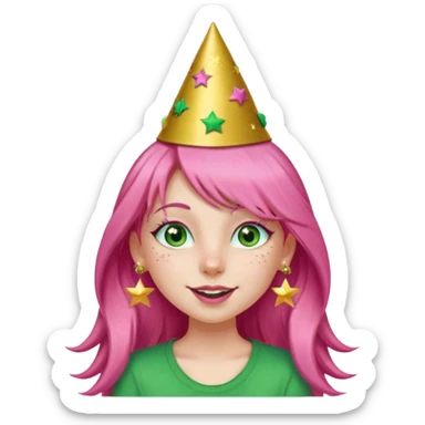 A girl with long pink hair and green eyes with long eyelashes and a happy face. She has freckles and a lit of bit of pink lipstick on her mouth, she’s also got a full gold birthday party hat on her head with gold pom poms on top of it, and her T-shirt is all red, she wore gold star earrings  sticker