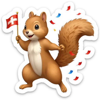 squirrel jumping with a Swiss flag, lots of confetti, emoji style sticker