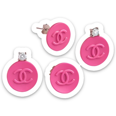 3D emoji-style pink Chanel logo earrings with diamond accents, glamorous sticker