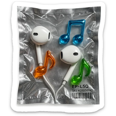 pair of white EarPods with exactly three floating multicolored glassy music notes, shiny and inflated sticker