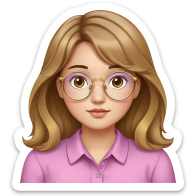 young adult woman with light skin, round face, prominent cheeks, medium plump body, long light brown hair with golden highlights, voluminous and wavy, long bangs over eyebrows, large octagonal glasses with thin golden or light pink frame, casual dark shirt sticker