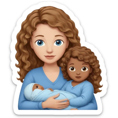 Light brown Caucasian wavy haired mom and blue eyeswith and brown skinned newborn baby. No other child sticker