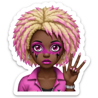 girl, zombie,pink and blonde afro, medium long, emo, shaggy, dark, spooky,double eyebrow dermal piercing, two fingers up sticker